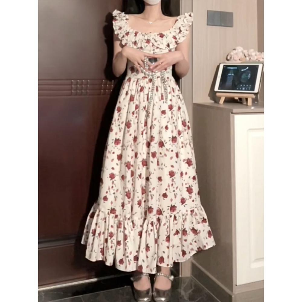 Square Collar Rose Floral Suspender Dress Summer Seaside Vacation Thin Beach Dress Small Fly Sleeves Medium and Long Skirt