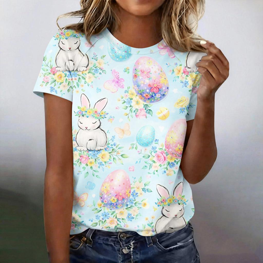 Women's Fashionable Casual Short-Sleeved Raglan Sleeve Easter Print T-Shirt Top