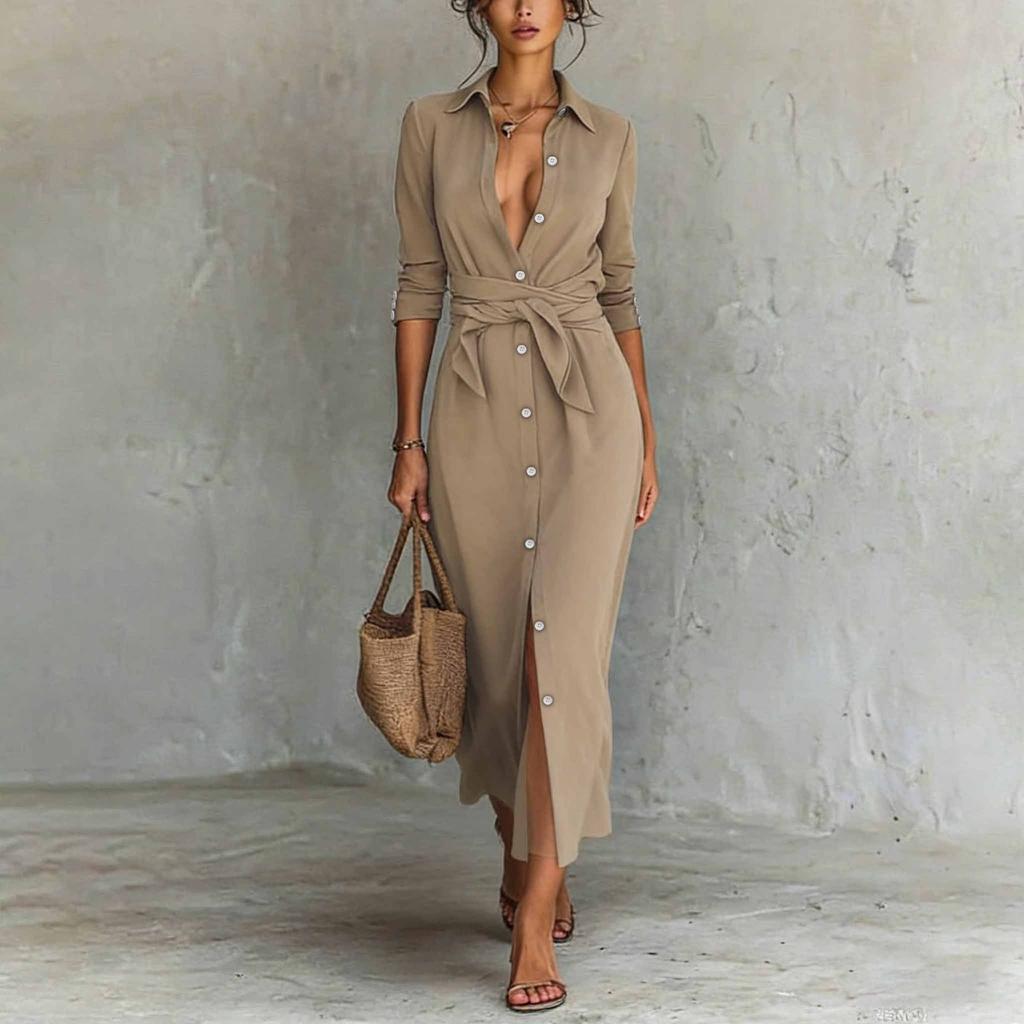 Women's Long-sleeved Elegant Casual Tie-waist Button-down Shirt Dress