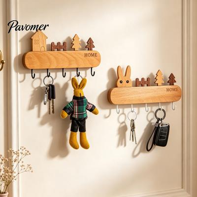 Heavy Duty Coat Hooks Wooden Key Holder with 5 Hooks, Cartoon House Theme Organizer, Multi Natural Wood Organizer Purpose Hanging Rack for Keys