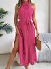 Women Elegant Stand Collar Sleeveless High Waist Pleated Solid Color Long Dress