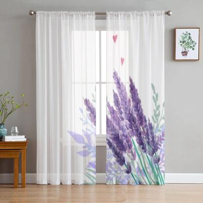 Watercolor Lavender Bouquet Tulle Window Curtain For Living Room Bedroom Voile Sheer Curtains Kitchen Treatments Drapes