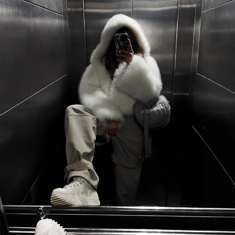 Hooded artificial fur imitation fur coat fox fur coat autumn and winter short plush jacket fur top women