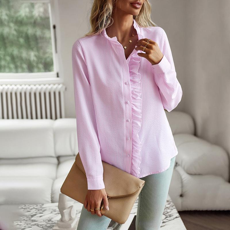 

Женская рубашка Commut с длинными рукавами, свободная, повседневная, элегантная, темпераментная, топ, половина, высокий воротник, оборка, однобортные блузки, весна/лето, новая мода XL розовый