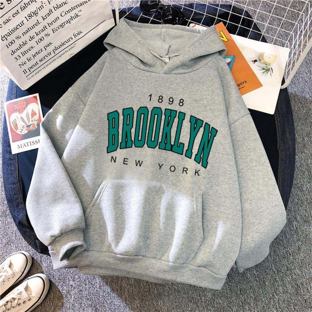 Fall and Winter Fleece Loose Women's Sweater Hoodie Hot Sale Brooklyn Printed Couple Pullover Sweatshirt