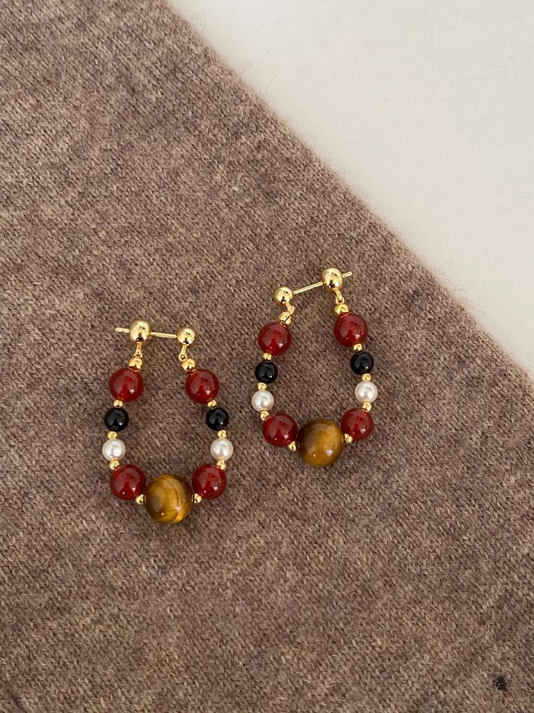 Vintage Maillard Tiger's Eye Beaded Pearl Stud Earrings Personality Earrings Women
