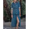Spring New Women's Clothing Minimalist Style Decorated Row Button Lapel Long Sleeves Denim Midi Skirt Dress 1879225