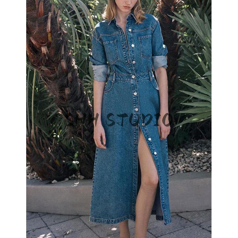 Spring New Women's Clothing Minimalist Style Decorated Row Button Lapel Long Sleeves Denim Midi Skirt Dress 1879225