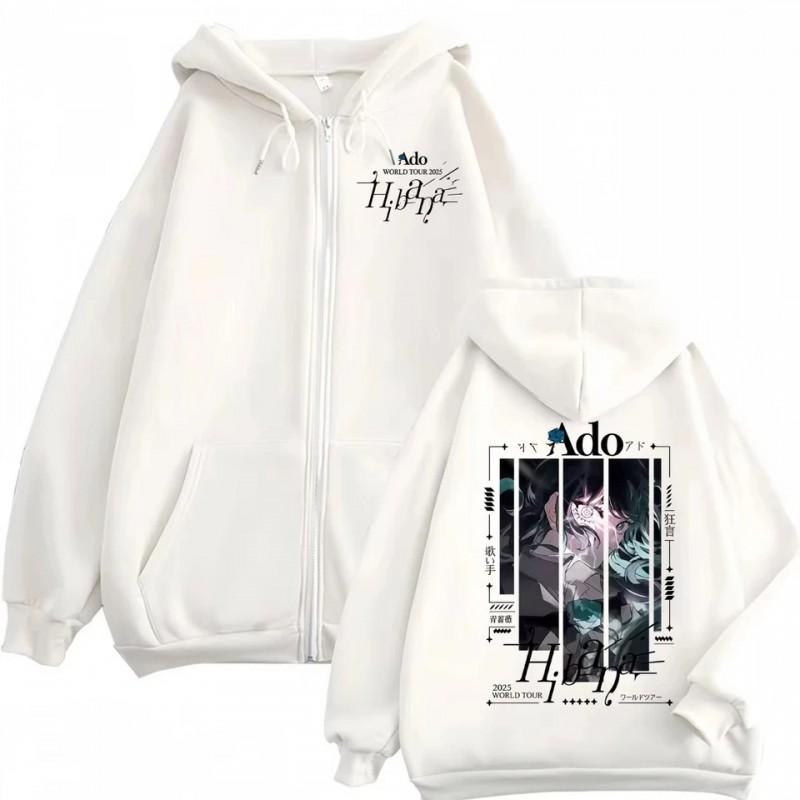 Ado Hibana World Tour Zipper Hoodie Womens Harajuku Style Oversized Print Sweatshirt Black White Gray