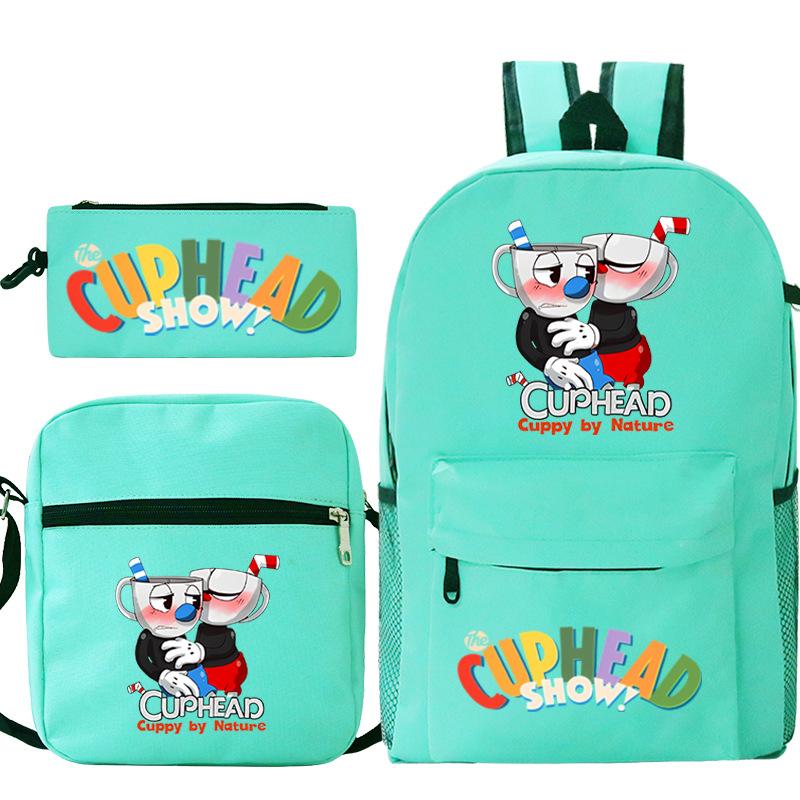 Cartoon Teacup Head Cuphead Student School Bag Backpack Three-piece Set Children's Shoulder Bag Pencil Bag