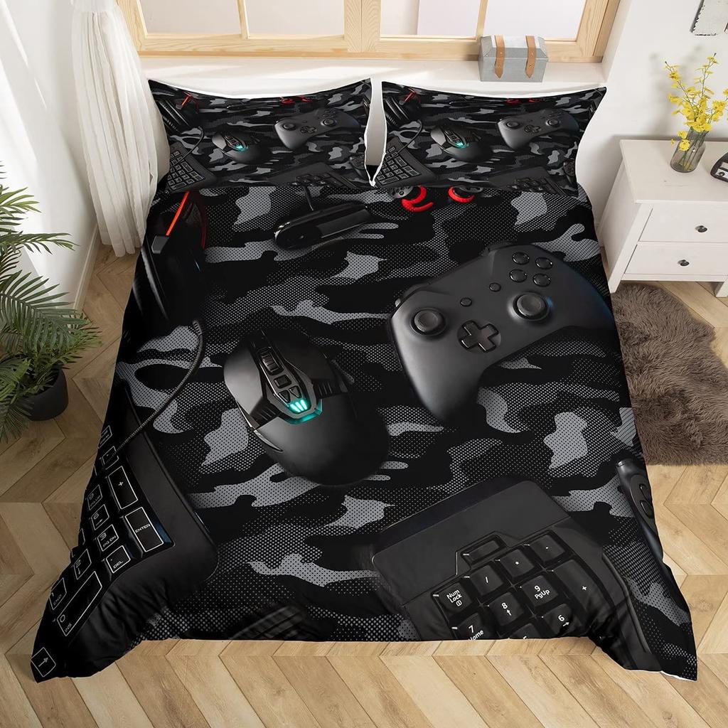 Gamepad Duvet Cover Set Queen Video Game Twin Bedding Set Microfiber Green Cartoon Gamer Pattern Electronic Theme Quilt Cover