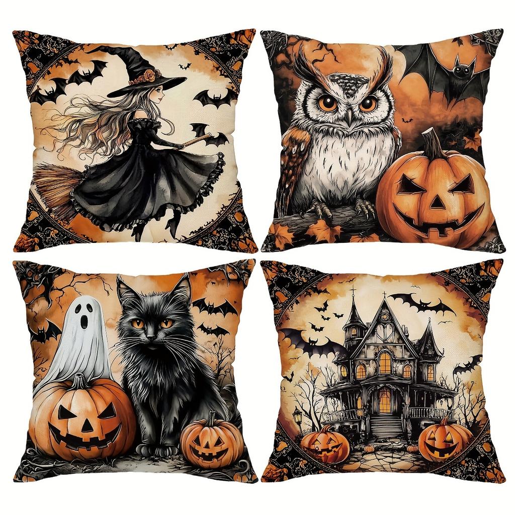4Pcs Halloween Linen Cushion Cover Trick or Treat Theme Pillowcase Gothic Style Pillow Cover Halloween Party Decoration 2025