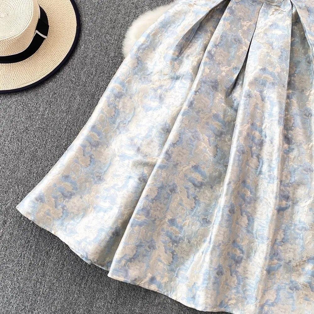 Letní elegantní květinové žakárové večerní společenské šaty dámské čtvercový límec bez rukávů tílko motýlkový pásek plesové šaty