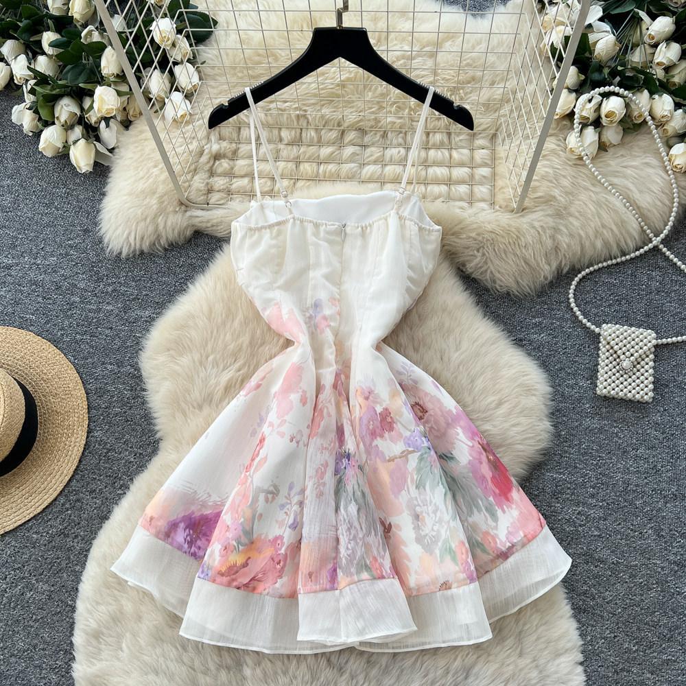French Holiday Style Sleeveless Suspender Floral Dress Women's Summer High Waist Thin Gentle Sweet Temperament Short Skirt