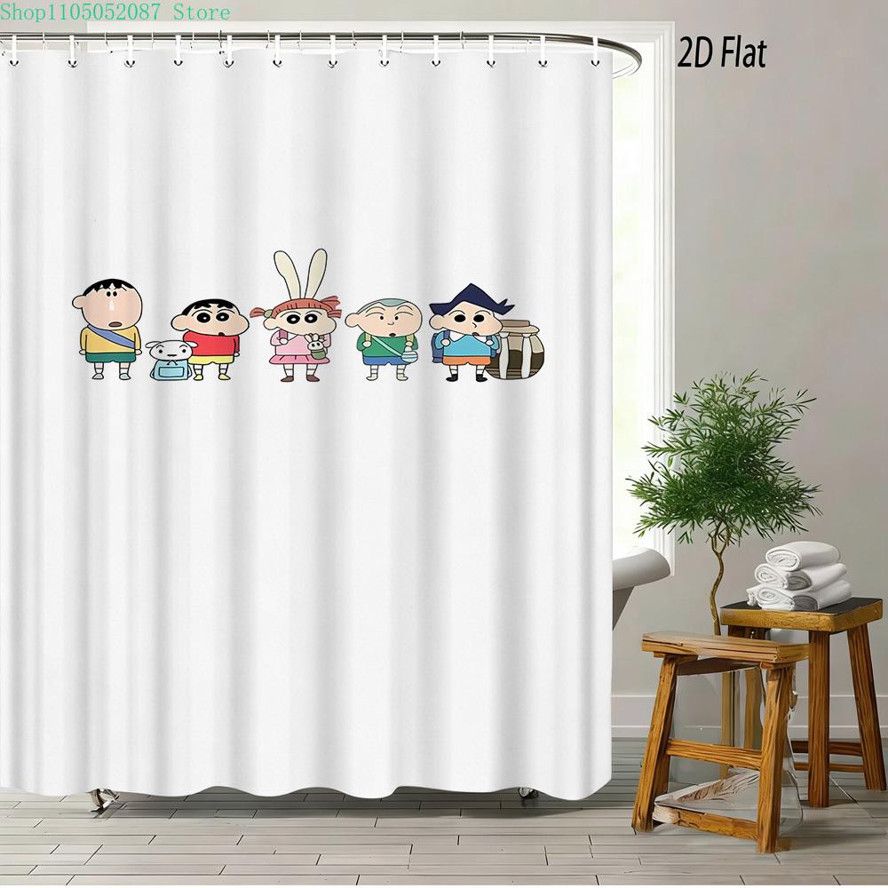 Crayon Shin-Chan All Characters Big Group Photo Scene 2D Print Waterproof Shower Curtain, Vibrant Blue Sky With Full Cast Bathro
