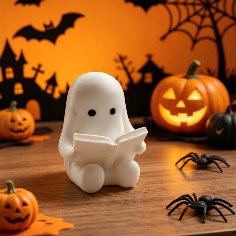 Cute Desk Decors Miniature Ghostly Reading Book Figurine, 3D Printed Halloween Accent for Shelf, Tabletop, Coffee Corner, and Home