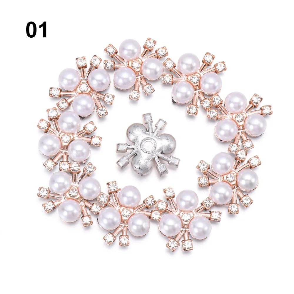 10PCS Flower Rhinestone Pearl Buttons Flatback Plating Hairpin Decoration DIY Craft Apparel Sewing Accessories Flower Buttons