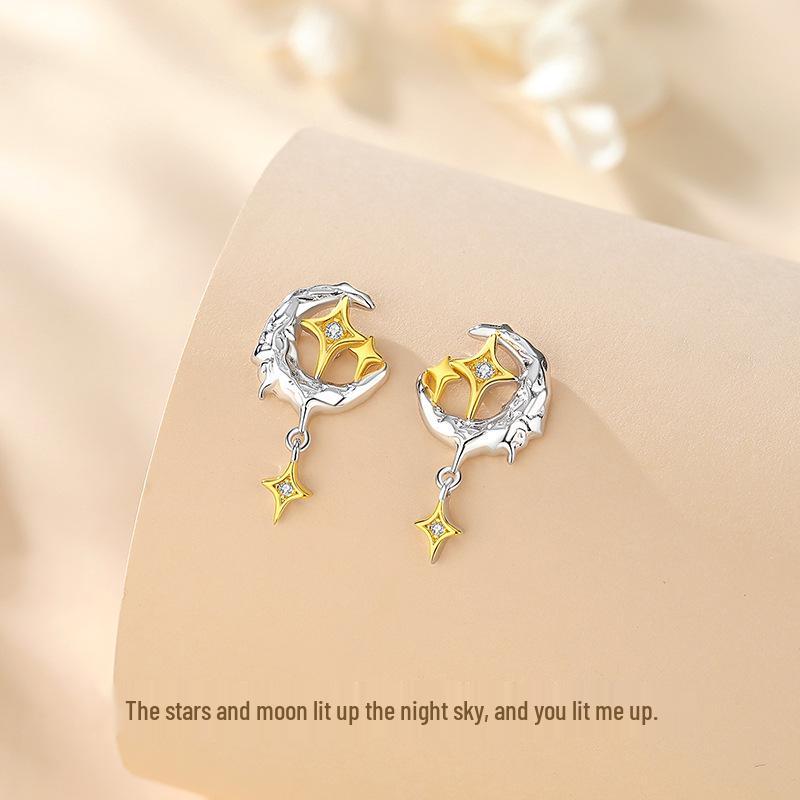 Tichya Original Star  Moon Earrings for Women - S925 Sterling Silver, Luxurious Color-Blocked Design S925 Silver
