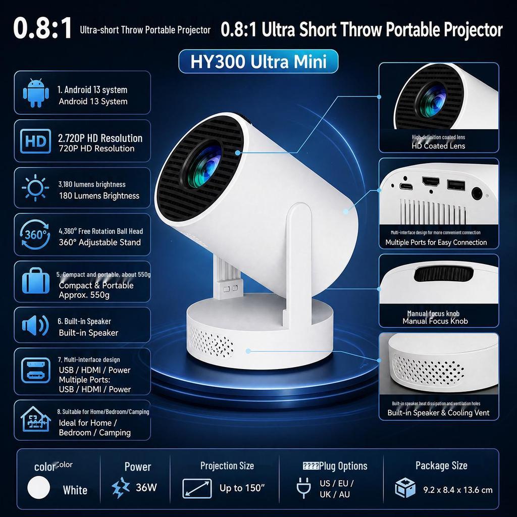Y300Ultra Mini Ultra-Short Throw Portable Android HD Projector for Home Use