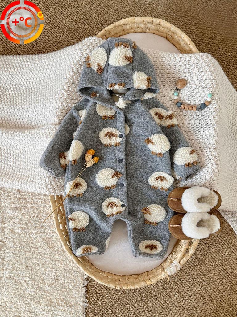2025 New Winter Baby Cartoon Hooded Velvet Romper Jumpsuit