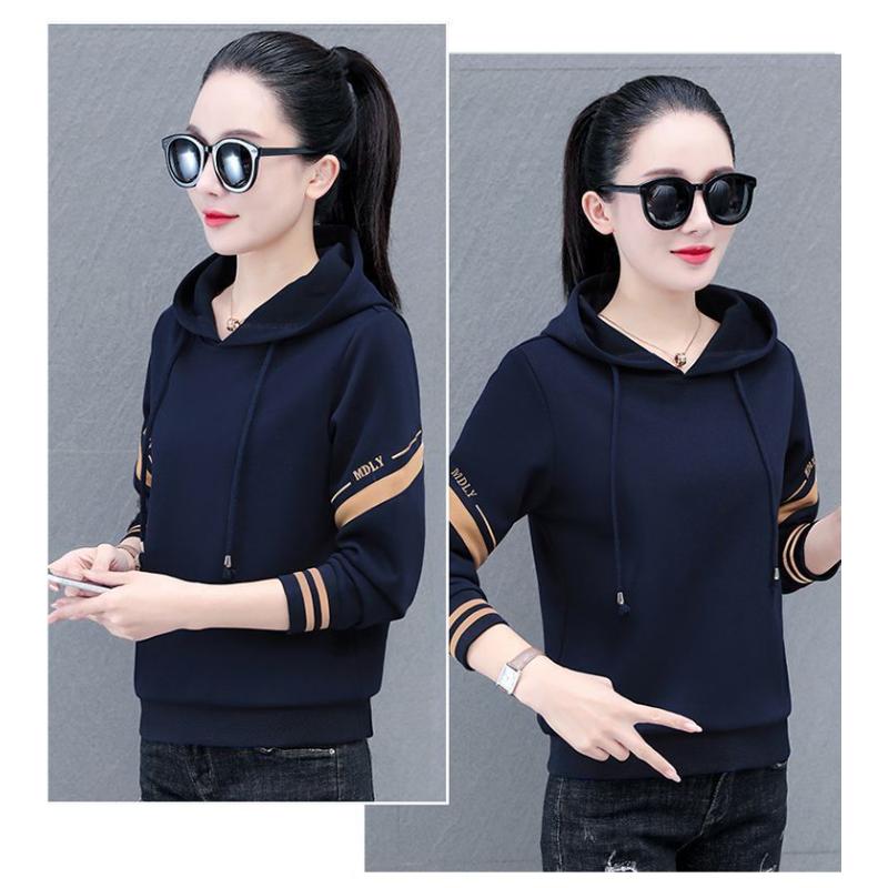 

Fashionable Hooded Sweatshirt for Women Autumn New Color-blocked Popular Mom-style Bottoming Shirt Top L синій