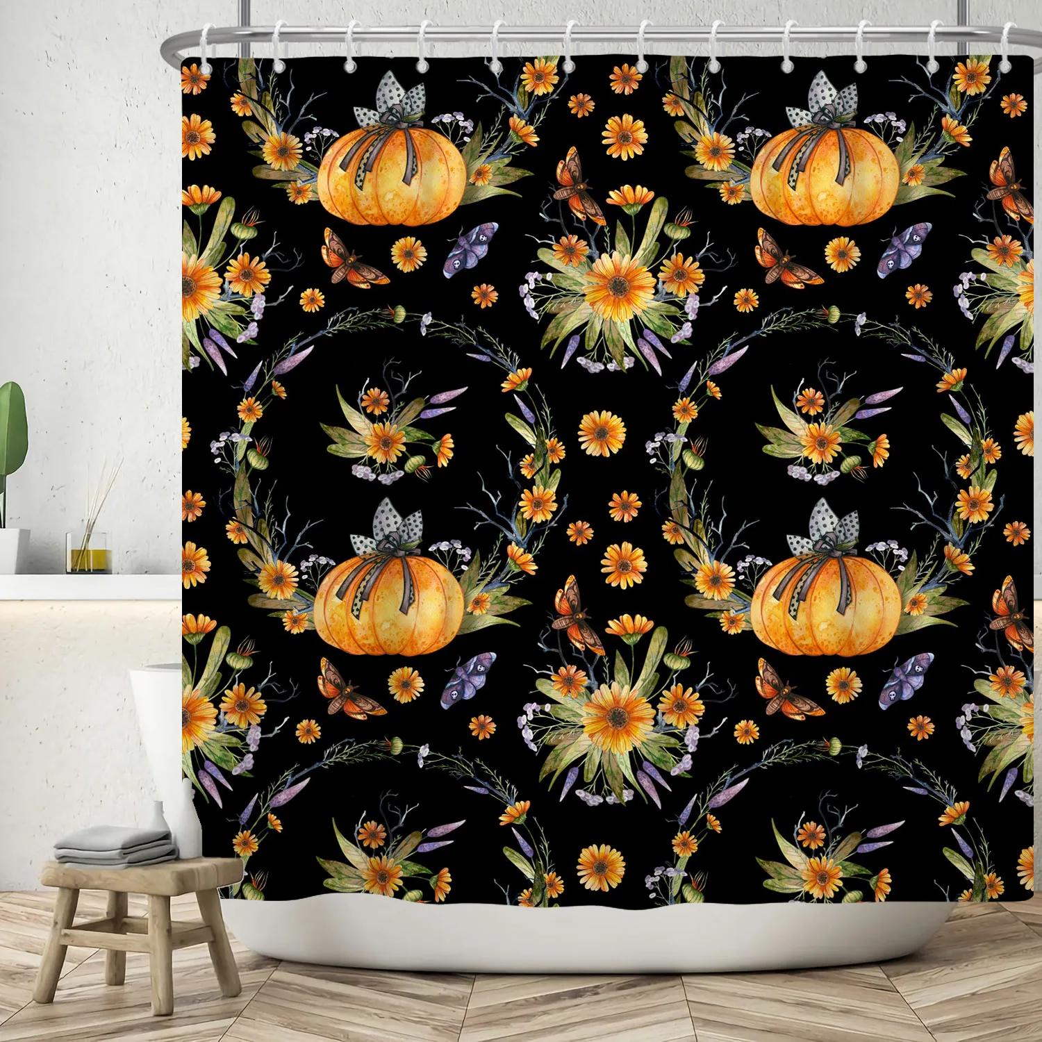 

Bathroom Shower Curtain Home Decoration Sunflower Pumpkin Flower Pattern Waterproof Shower Curtain With Hook Polyester Cloth W60H190(CM)-1 Pcs