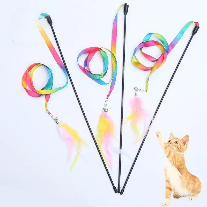 Simulation Feather Interactive Cat Toy Satin Ribbon Bell Cat Stick Toys Kitten Playing Teaser Wand Toy Cat Supplies Accessories