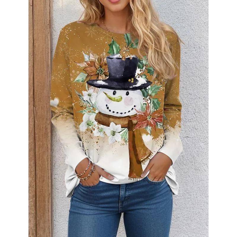 Fashion Women's Crew Neck Long Sleeve 3D Casual Color Printing Casual Long Sleeve Crew Neck T-Shirt