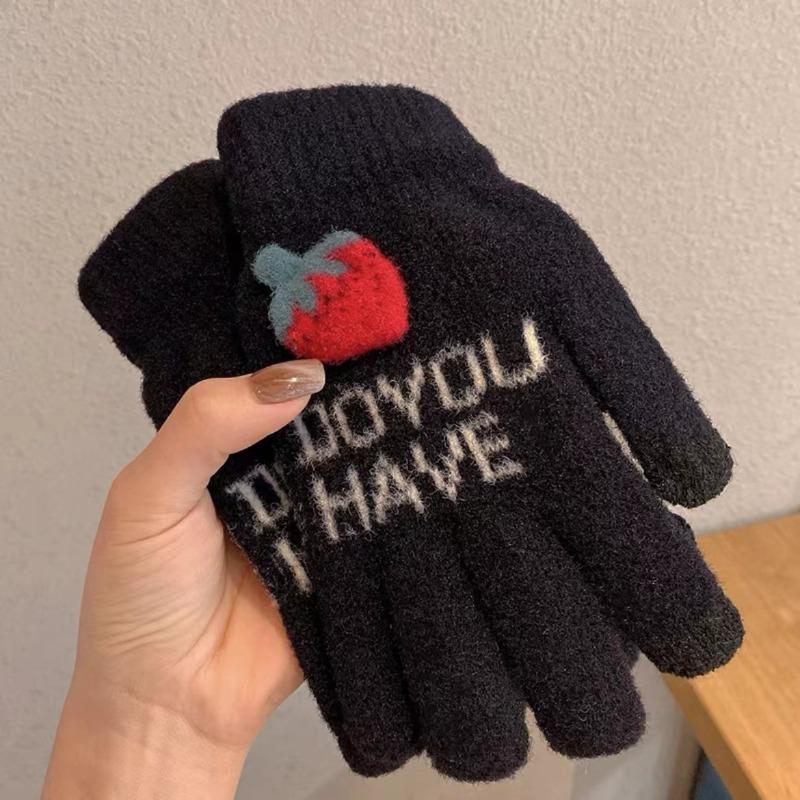 Cartoon Thermal Gloves Women Winter Thickened Cute Couple Student Cold Knitted Wool Riding Five Fingers