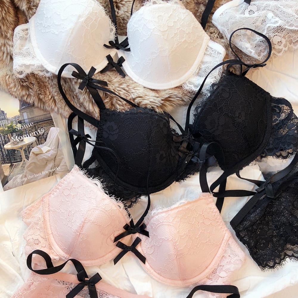 Sexy Hollow Women Underwear Summer Lace Embroidery Push Up Bra Set Bow Decoration Youth Lingerie Romantic Bras Panties Set