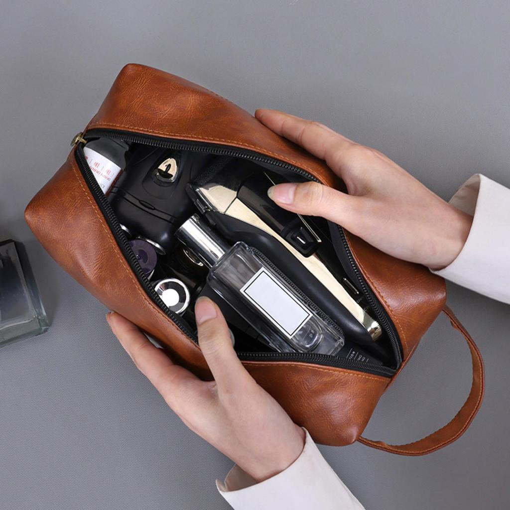 Men Leather Travel Business Shaving Cosmetic Pouch Strorage Bag Portable Toiletry Bag Large Capacity Organizer Handheld Toiletry Kits