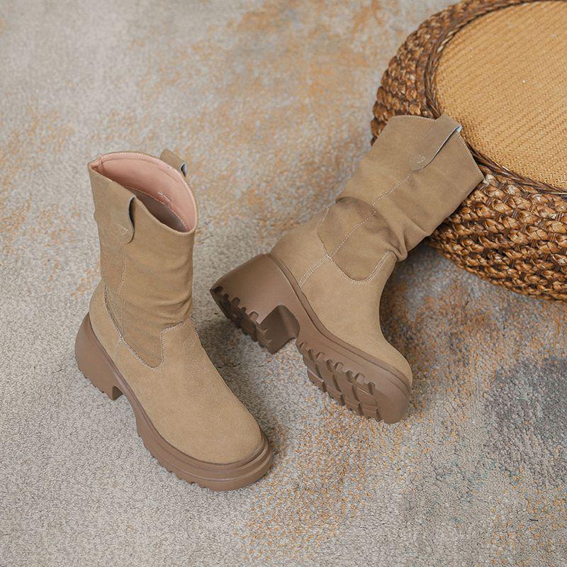 2025 Women's High-Heel Autumn Ankle Boots - Hidden Heel, Mid-Calf, Fleece-Lined Martin Style