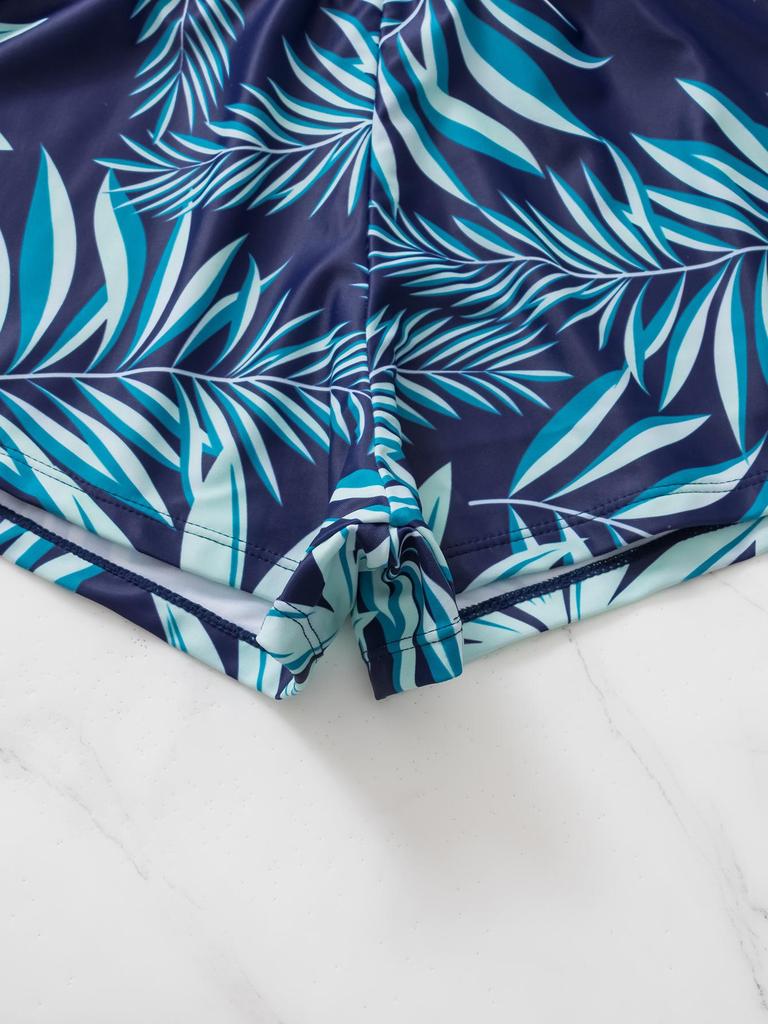 European & American Cross-border Plant Print Sporty Long-Sleeve Backless Bikini Swimsuit Set