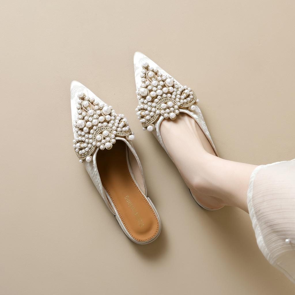 Weiwei girl 218-3 Ein-Pedal coole Hausschuhe Perle Strass Chinesischer Stil Flachboden Taschenkopf Halbschuhe Damen Sommer