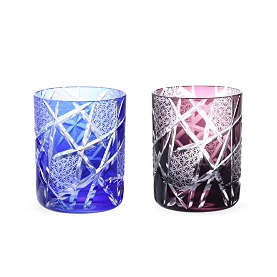 Takumibifu Dinner Luxe Kiriko Pair Glass Cup Rock Glass 70xH90mm 210cc Ranbori Komon Blue & Purple