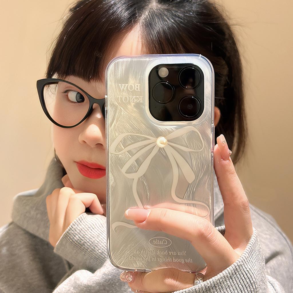 Stylish Laser White Pearl Bow Case for iPhone 15 Pro Max 14 13 12 11 All-inclusive Shock-proof Girl Case