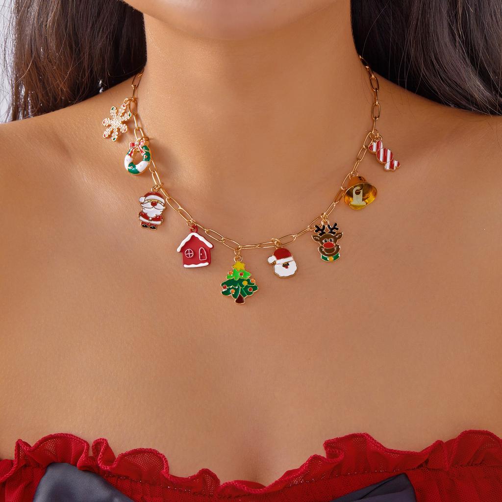 Weihnachts-Multi-Element-Glocken-Anhänger-Halskette für Damen Schneeflocke Weihnachtsmann Rentiere Schneemann Halskette Freundschaftsschmuck Geschenke