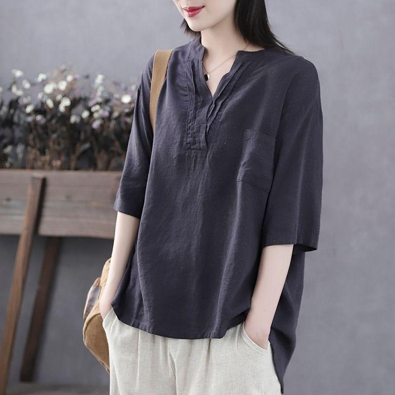 Literary and Retro Summer New V-neck Cotton and Linen Top Showing Thin Temperament Short-sleeved T-shirt Women's Loose and Casual