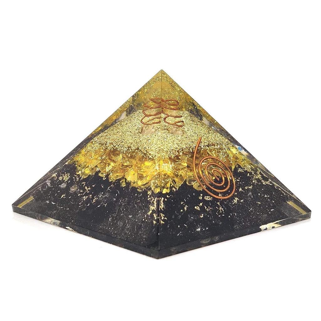Black Tourmaline Orgone Fantasy Pyramid With Yellow Onyx - Chakra Meditation & Healing Crystal Pyramid