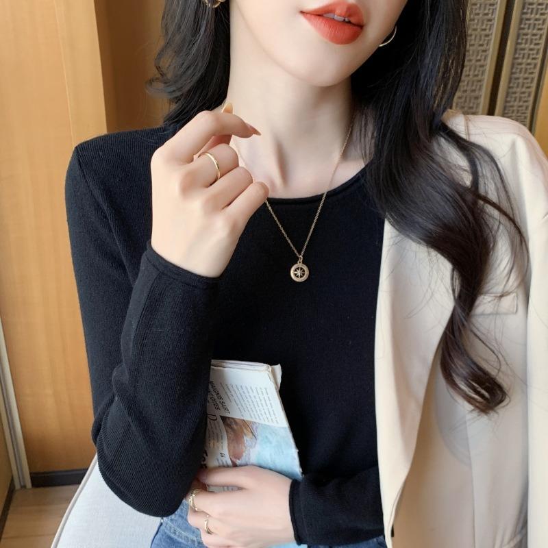 Spring lazy style versatile simple knitted bottoming shirt women's soft waxy inner top pullover sweater