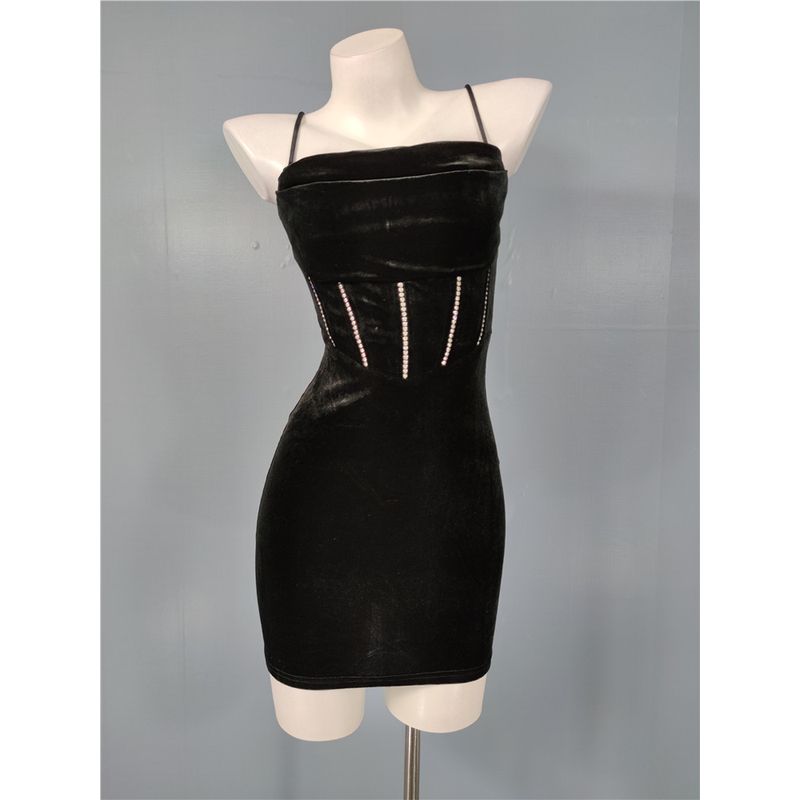 Foreign Trade Order Gyaru Sexy Love Home Sling Velvet Velvet Diamond Decorations Black Hepburn Elegant Short Dress Women