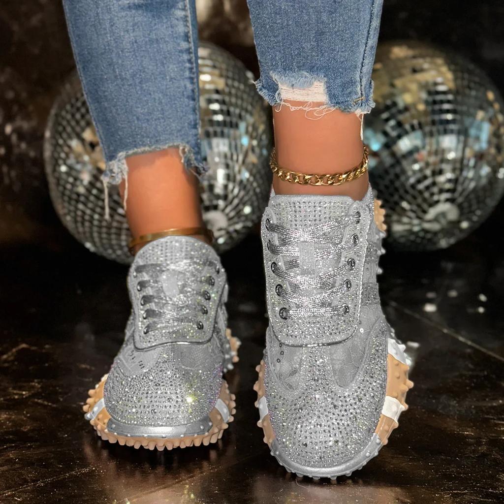 Breathable Casual Sporty Women's Single Shoes Spring Autumn Thick Bottom Leisure Sports Water Diamond Mesh Shoes Dad Sneakers