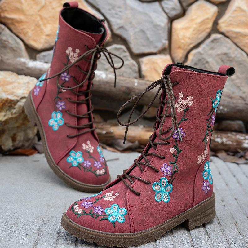 Woman Ankle Boots Retro Embroidery Spring Autumn Shoes Women Casual Thick Low Heel Side Zip Western Round Head Fashion Botines