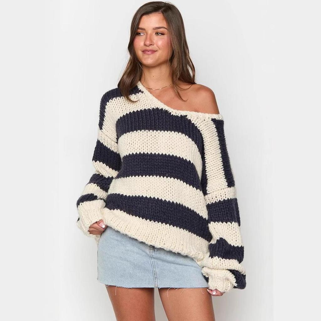Autumn/Winter Casual Loose Knit Sweater with Slanted Shoulder and Dopamine Stripes