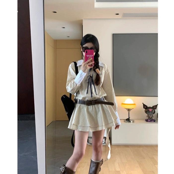 

French striped v-neck long-sleeved dress women s autumn and winter small design sense niche vacation style short skirt skirt S