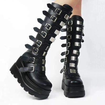 Women's Long Boots Platform Wedges Super High Heel Punk Black Sexy Motorcycles Boots Metal Belt Buckle Rear Zipper Women Shoes