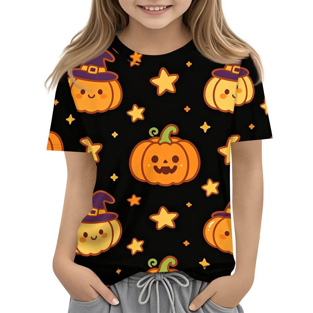 Kids Halloween Short Sleeve Shirt Ghost Skeleton Pumpkin Print Boys Girls Tee Casual Comfortable Fit Lightweight Fabric