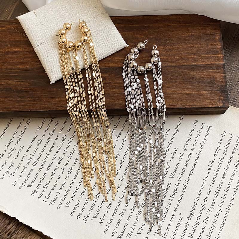 Personality Long Tassel Clip Earrings for Women Fashion Geometric Circular Bead Ear Cuff Chain Fake Piercing Earring Jewelry