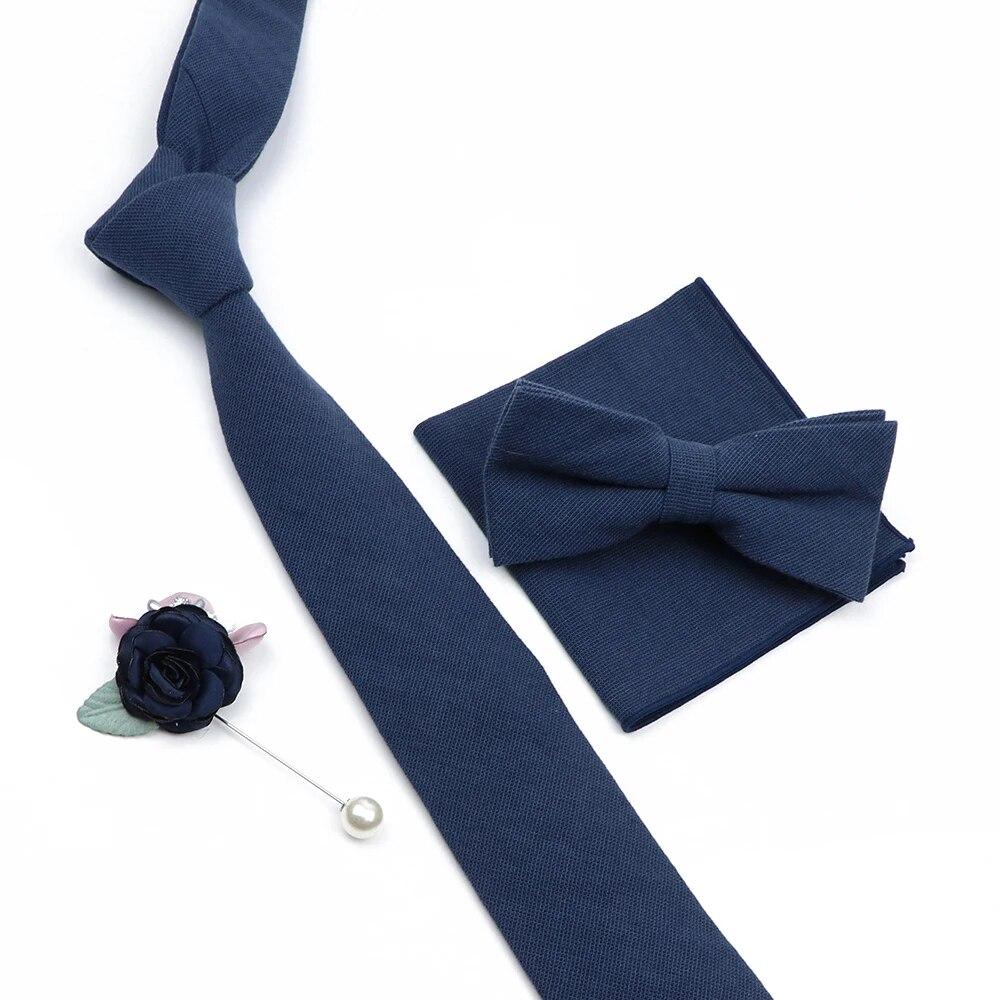 Solid Color Cotton Necktie Set For Men Tie 4pcs Hanky Cufflinks Rhinestone FLoral Brooch Tie Set