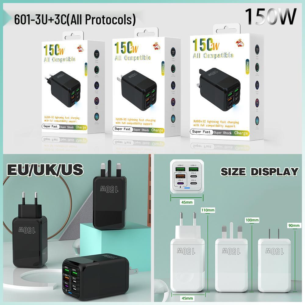 150W Multi-Port Charger: 3 USB + 3 PD Fast Charge, Euro & UK Standard